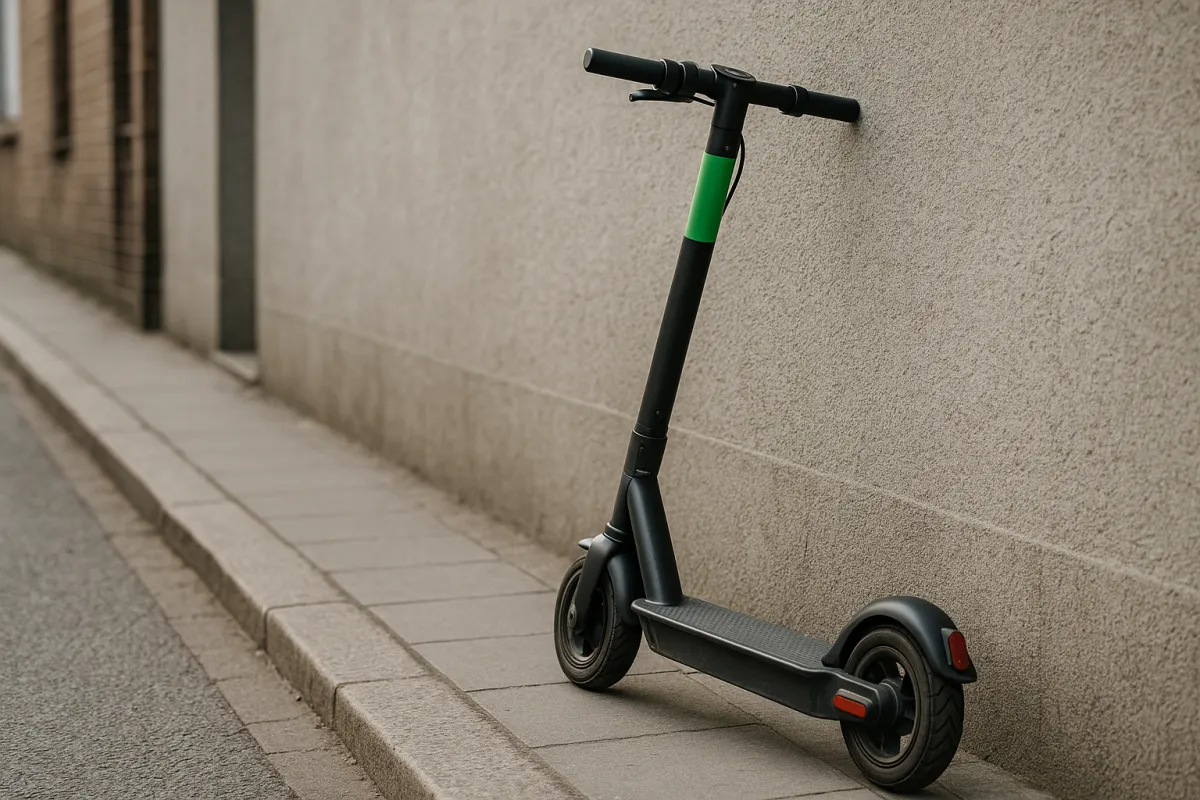 Hulajnoga elektryczna zaparkowana na chodniku przy ścianie budynku w przestrzeni miejskiej