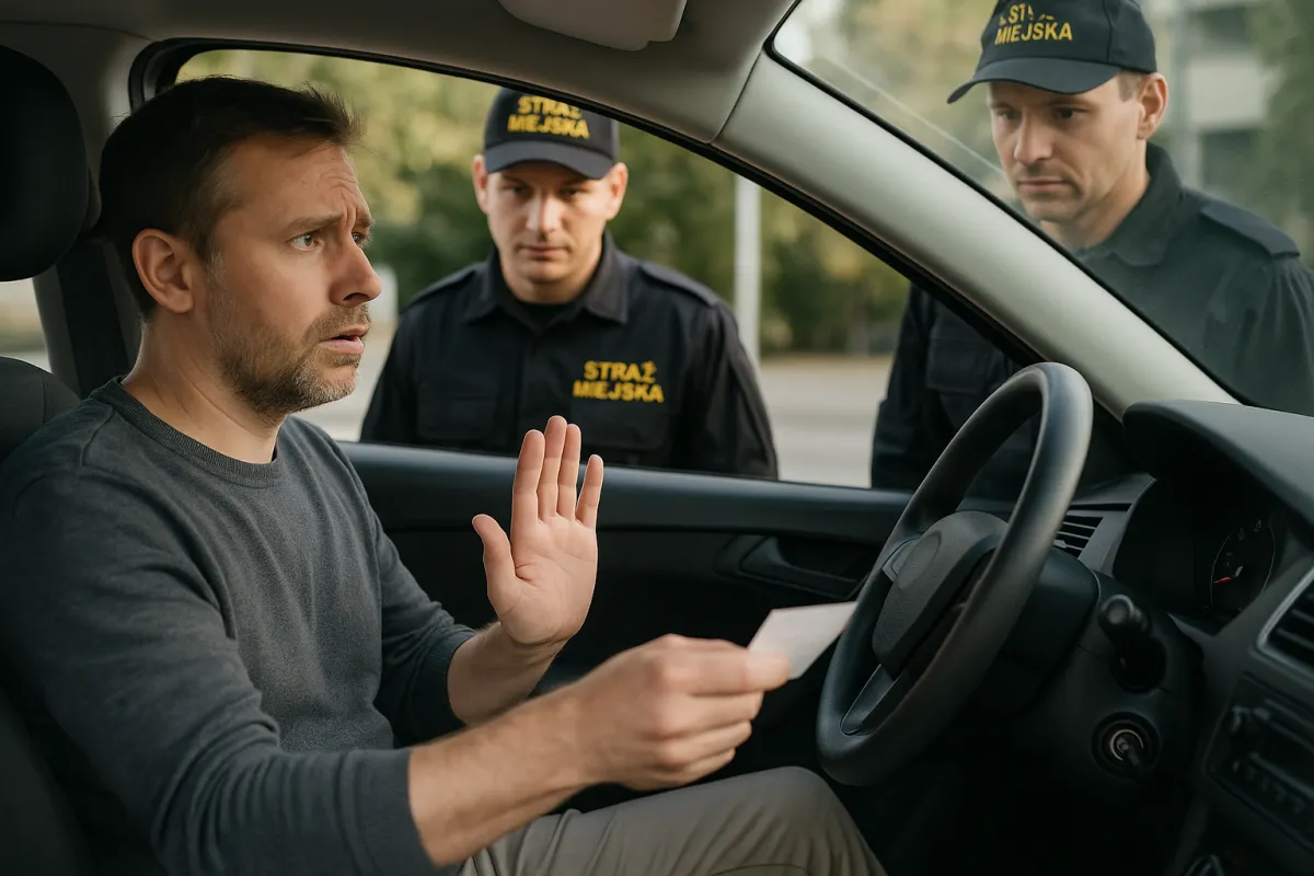 Kierowca okazuje dokument strażnikom miejskim podczas kontroli drogowej, siedząc w samochodzie