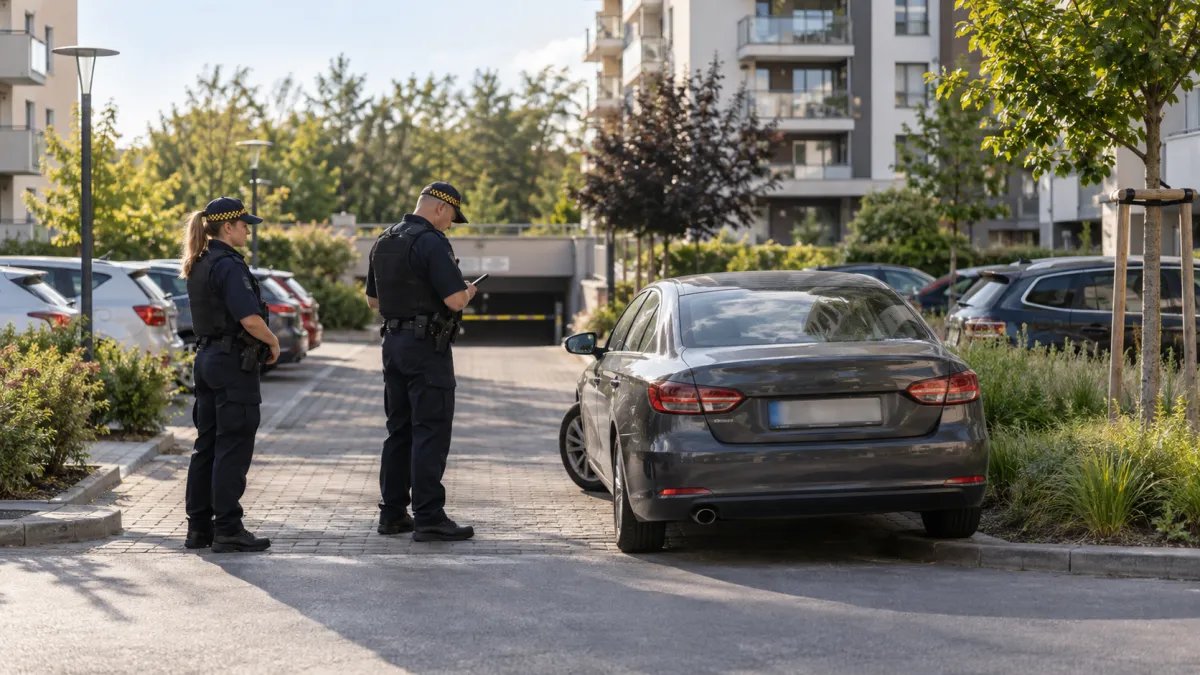 Dwóch strażników miejskich kontroluje nieprawidłowo zaparkowany samochód na osiedlowym parkingu przed nowoczesnymi blokami.