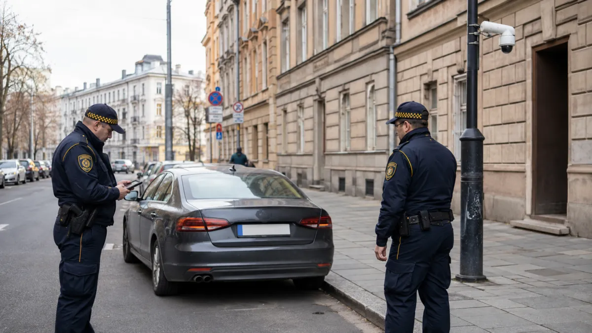 Strażnicy miejscy podczas kontroli nieprawidłowo zaparkowanego samochodu na ulicy, z kamerą monitoringu miejskiego w tle.