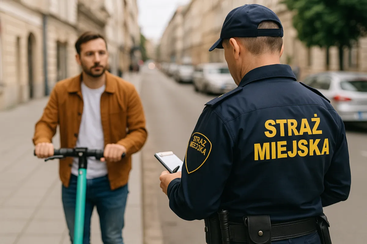 Strażnik miejski kontroluje użytkownika hulajnogi elektrycznej na miejskiej ulicy w ciągu dnia