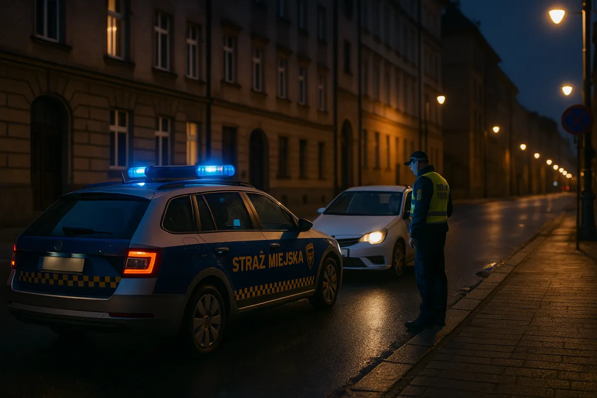 Nocna kontrola drogowa prowadzona przez straż miejską na oświetlonej ulicy miasta, radiowóz z włączonymi sygnałami świetlnymi zatrzymuje samochód