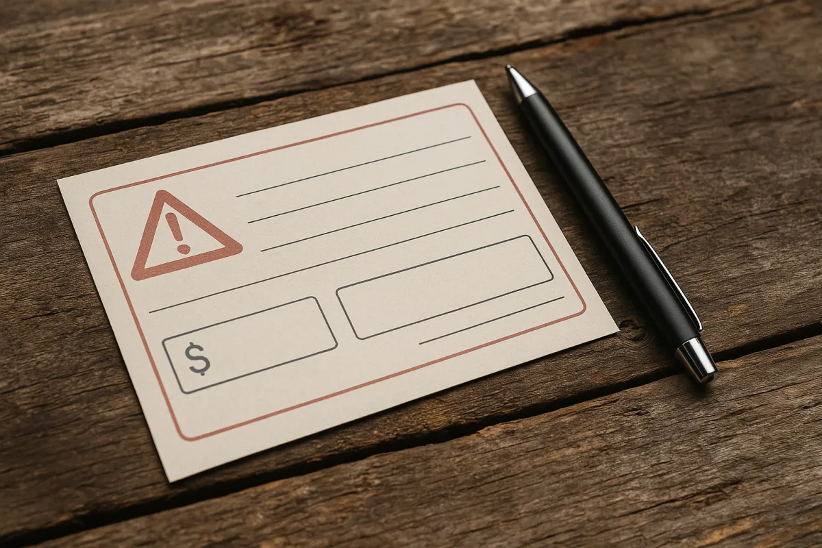 Blankiet mandatu z symbolem ostrzegawczym i miejscem na wpisanie kwoty, położony na drewnianym stole obok długopisu