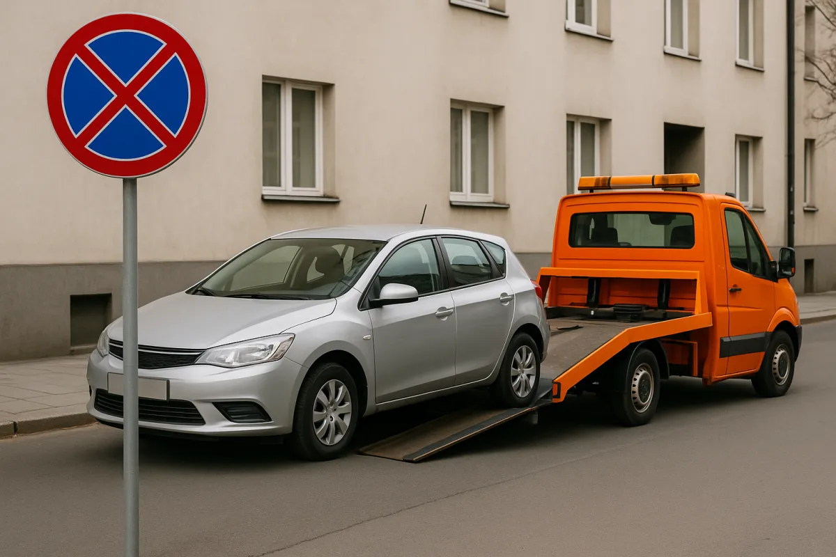 Samochód osobowy odholowywany przez lawetę z miejsca objętego zakazem zatrzymywania się na miejskiej ulicy