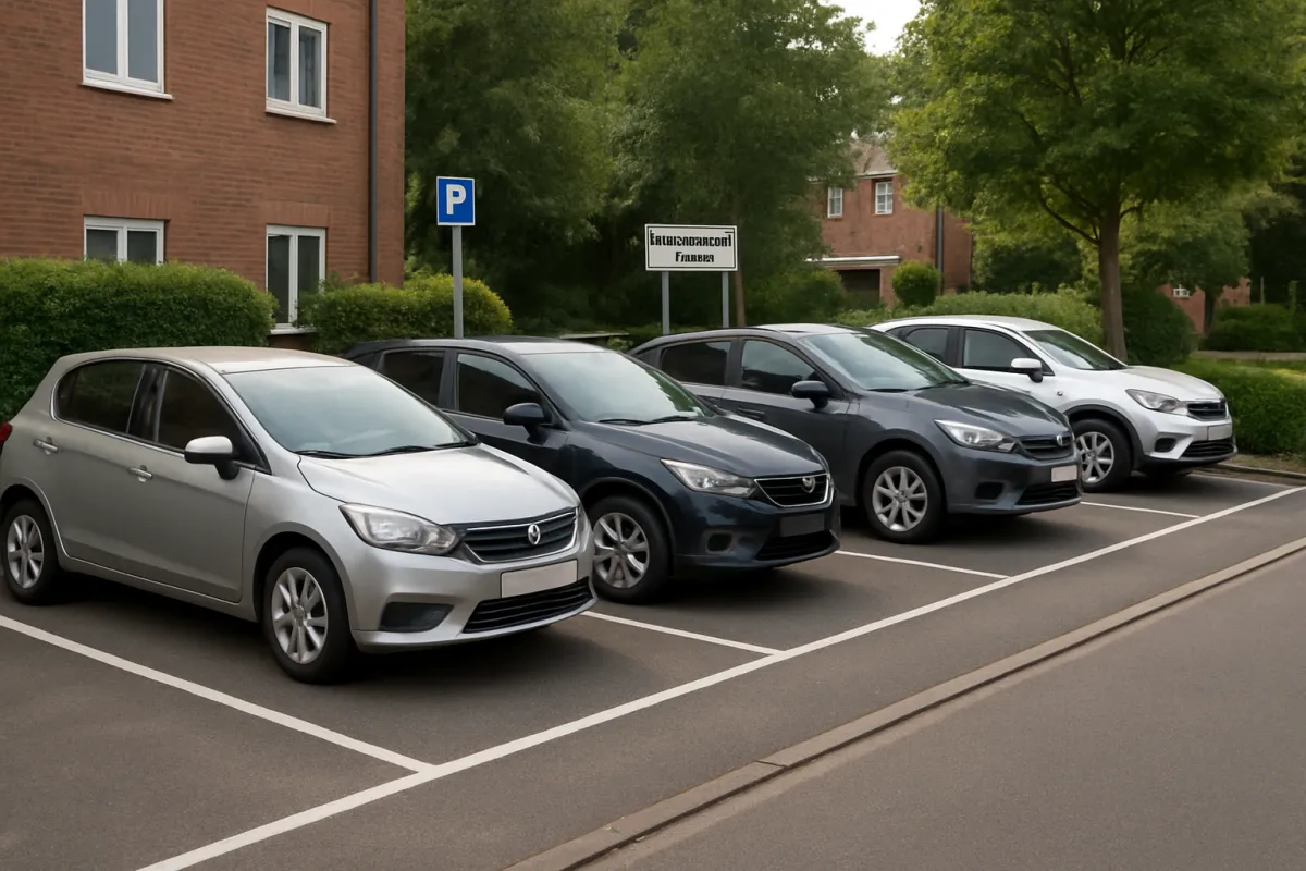 Samochody zaparkowane na wyznaczonych miejscach parkingowych przy budynkach mieszkalnych na osiedlu