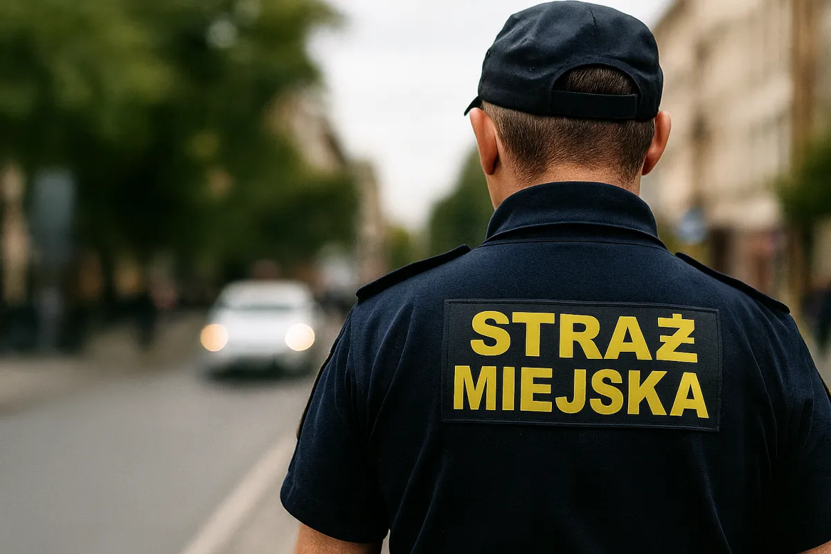 Strażnik miejski widziany od tyłu patroluje ulicę miasta w ciągu dnia