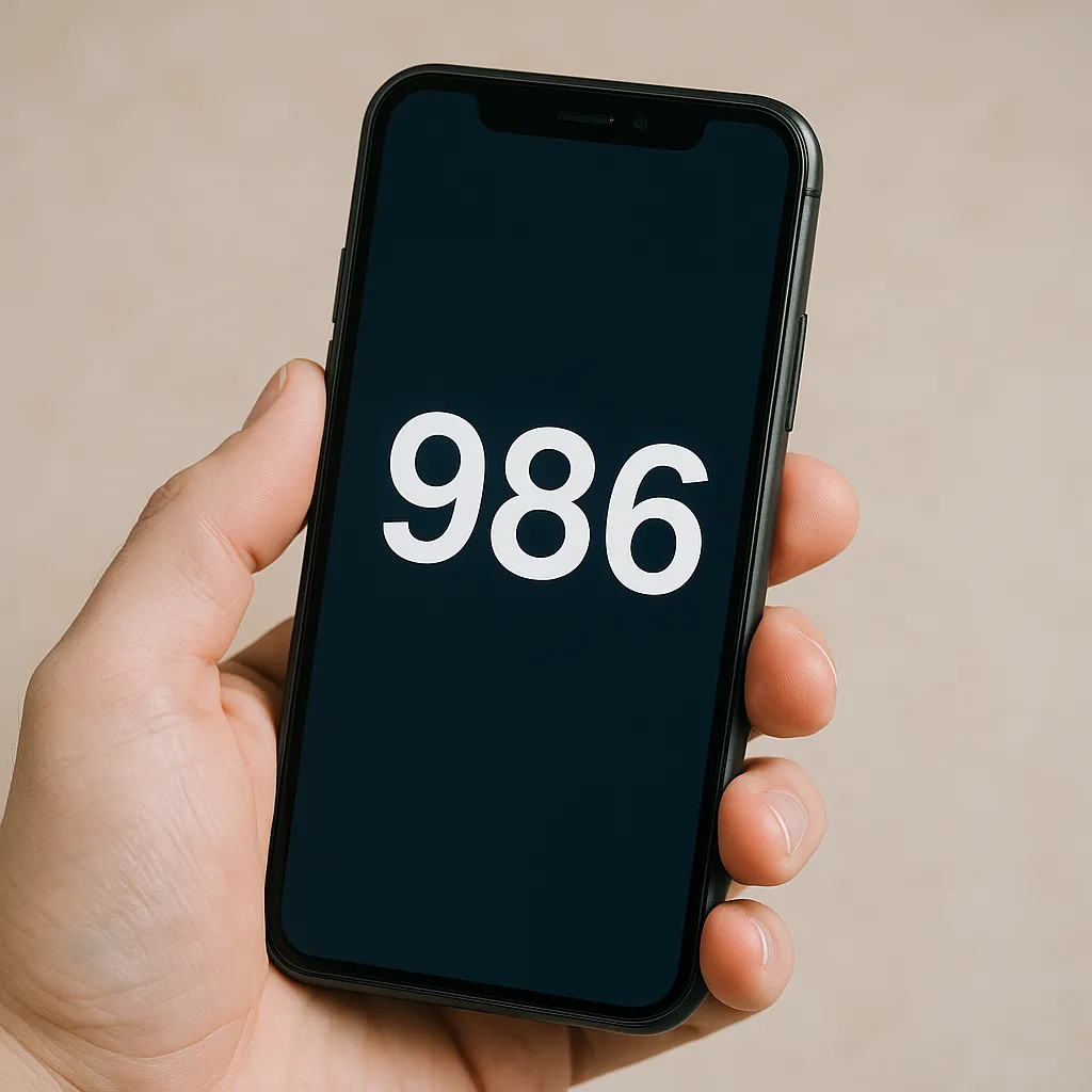 Telefon komórkowy trzymany w dłoni z wyświetlonym numerem alarmowym 986 do straży miejskiej