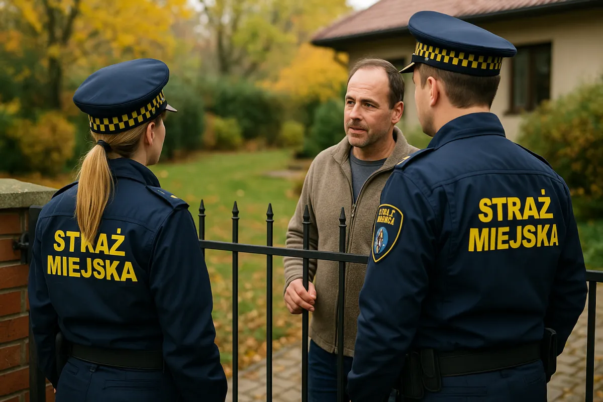 Strażnicy miejscy prowadzą rozmowę z właścicielem posesji przy bramie domu jednorodzinnego podczas interwencji na terenie prywatnym