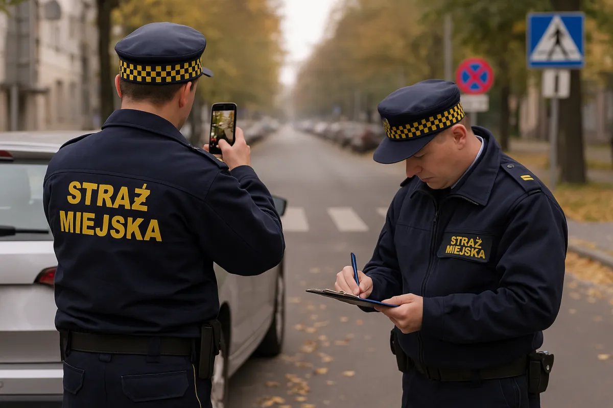 Strażnicy miejscy dokumentują wykroczenie drogowe na osiedlowej ulicy, wykonując zdjęcie i sporządzając notatkę służbową