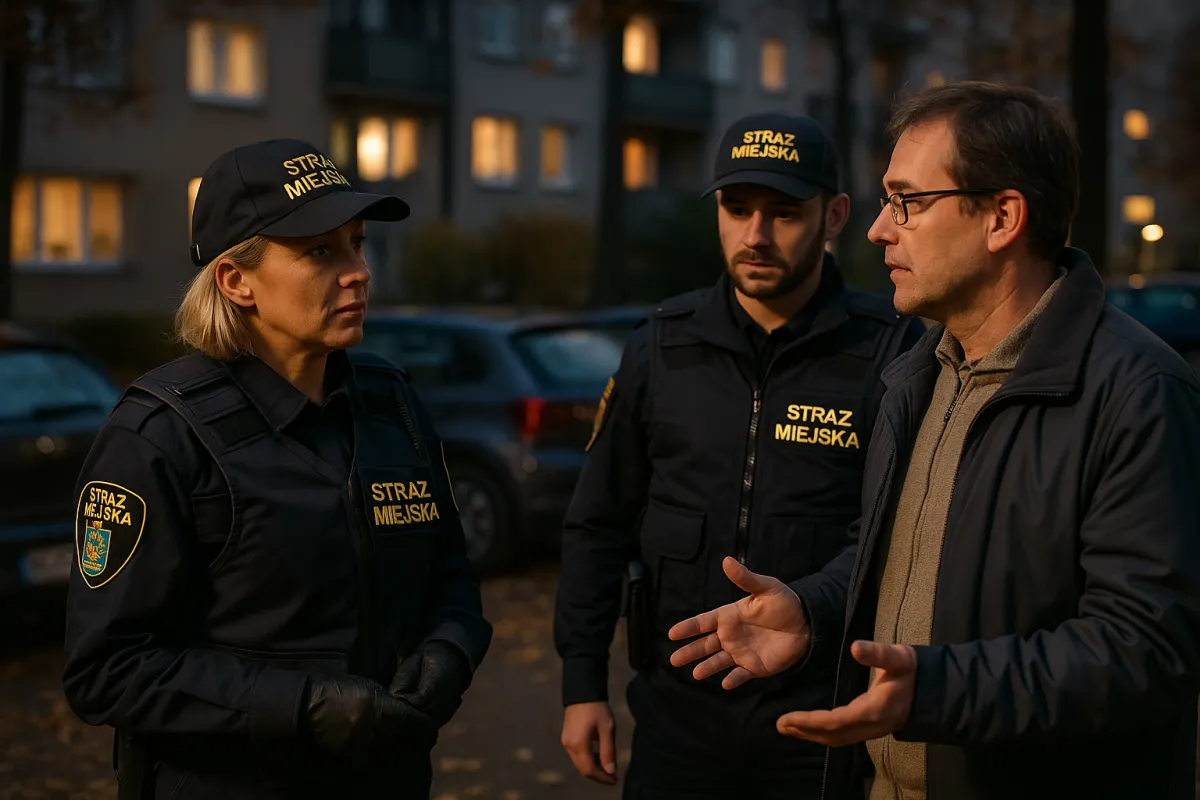 Strażnicy miejscy rozmawiają z mieszkańcem podczas interwencji na osiedlu mieszkaniowym po zmroku
