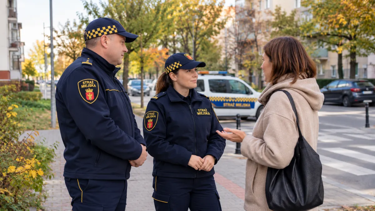 Patrol straży miejskiej rozmawia z mieszkanką na chodniku w mieście podczas codziennych działań związanych z porządkiem publicznym.