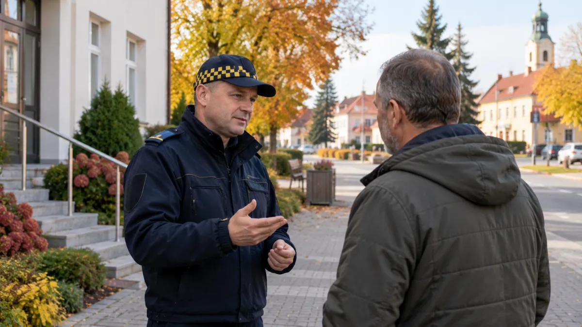 Strażnik gminny rozmawia z mieszkańcem na placu niewielkiej miejscowości podczas jesiennego patrolu.