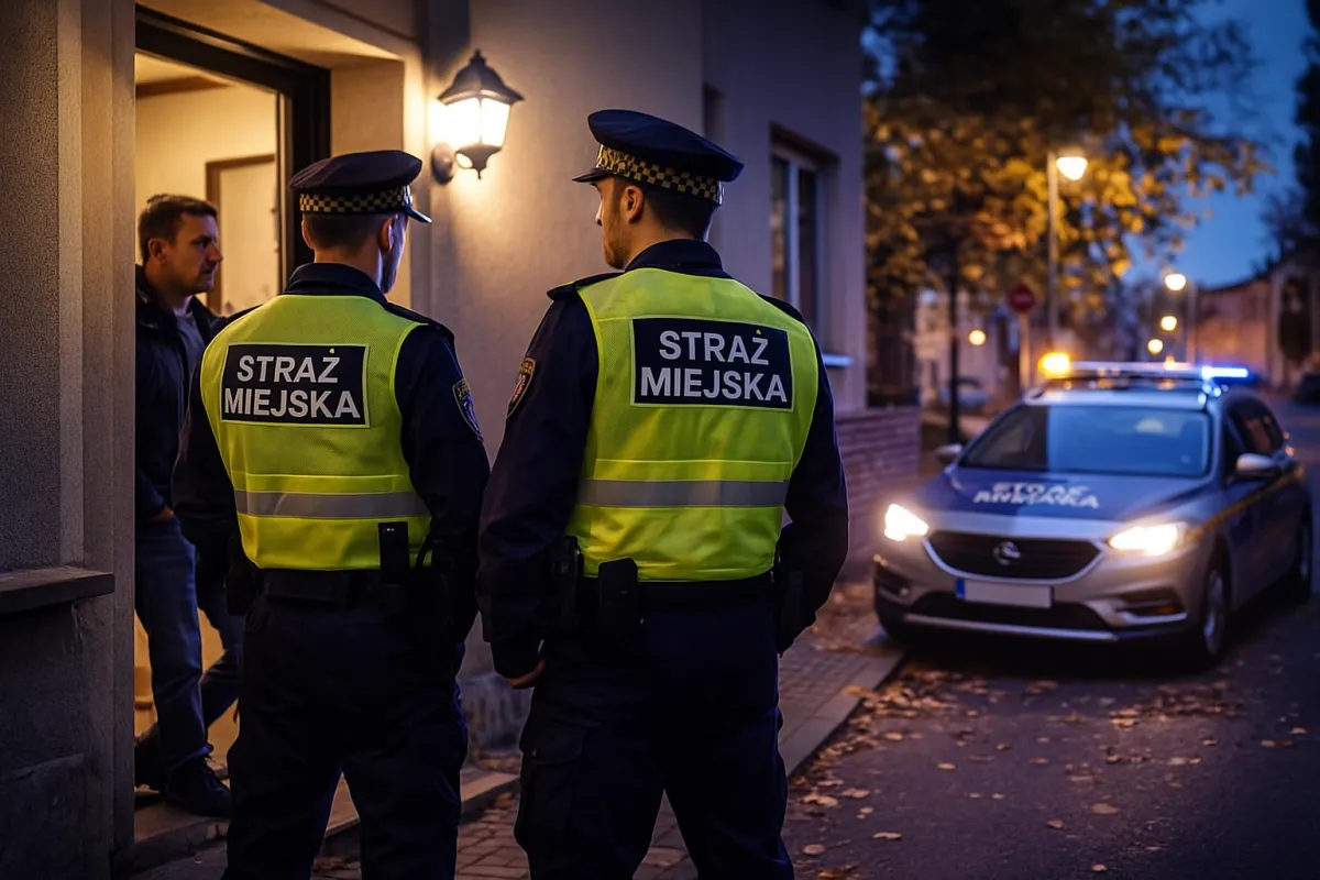 Strażnicy miejscy prowadzą interwencję przy wejściu do budynku mieszkalnego po zmroku, w tle zaparkowany radiowóz straży miejskiej z włączonymi światłami sygnałowymi