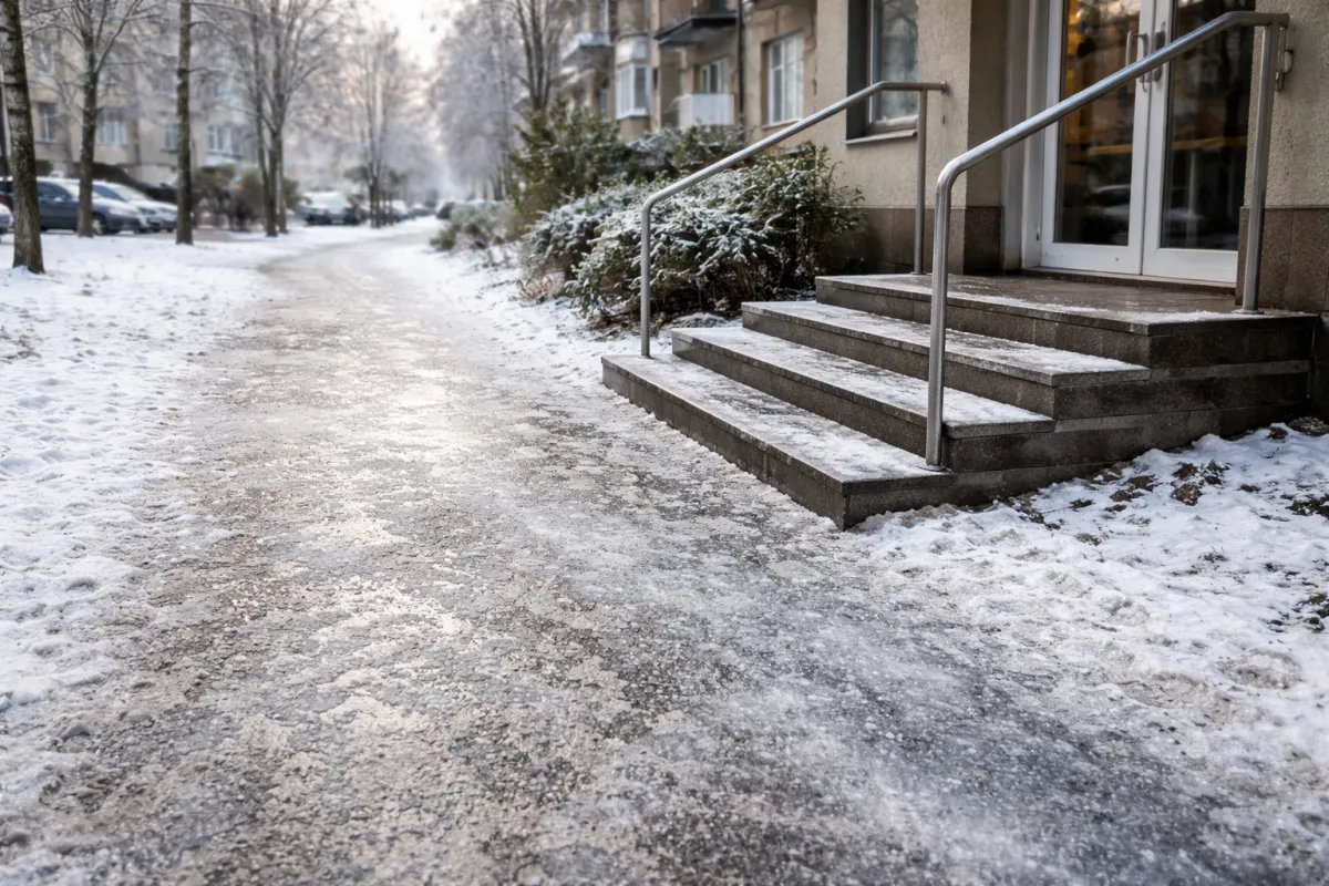 Oblodzony chodnik i schody na osiedlu zimą