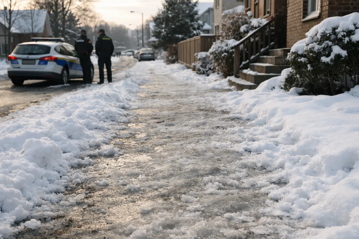 Nieodśnieżony chodnik zimą na osiedlu