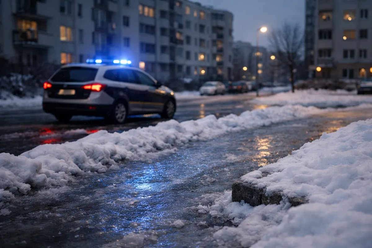 Oblodzony chodnik na osiedlu zimą, w tle radiowóz straży miejskiej z włączonymi niebieskimi światłami