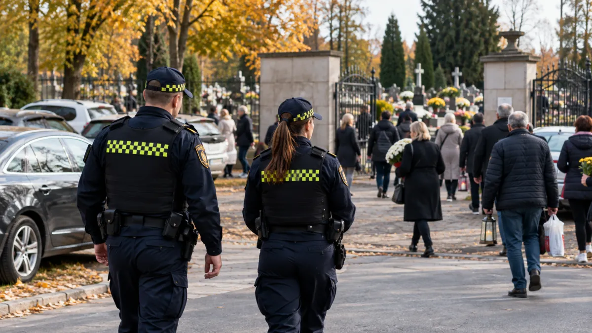 Strażnicy miejscy patrolują okolice cmentarza przed Wszystkimi Świętymi, dbając o bezpieczeństwo pieszych, porządek i prawidłowe parkowanie
