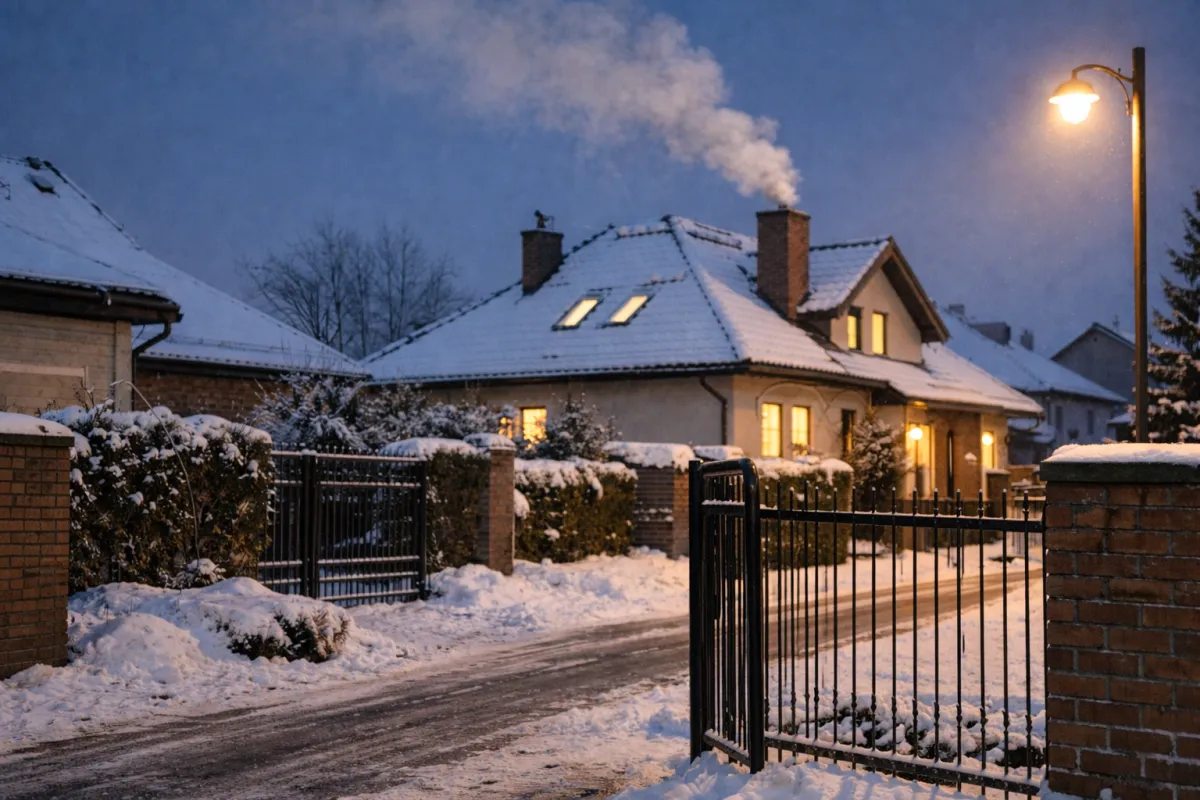 Zimowy dom jednorodzinny z oświetlonymi oknami i dymem unoszącym się z komina podczas mroźnego wieczoru