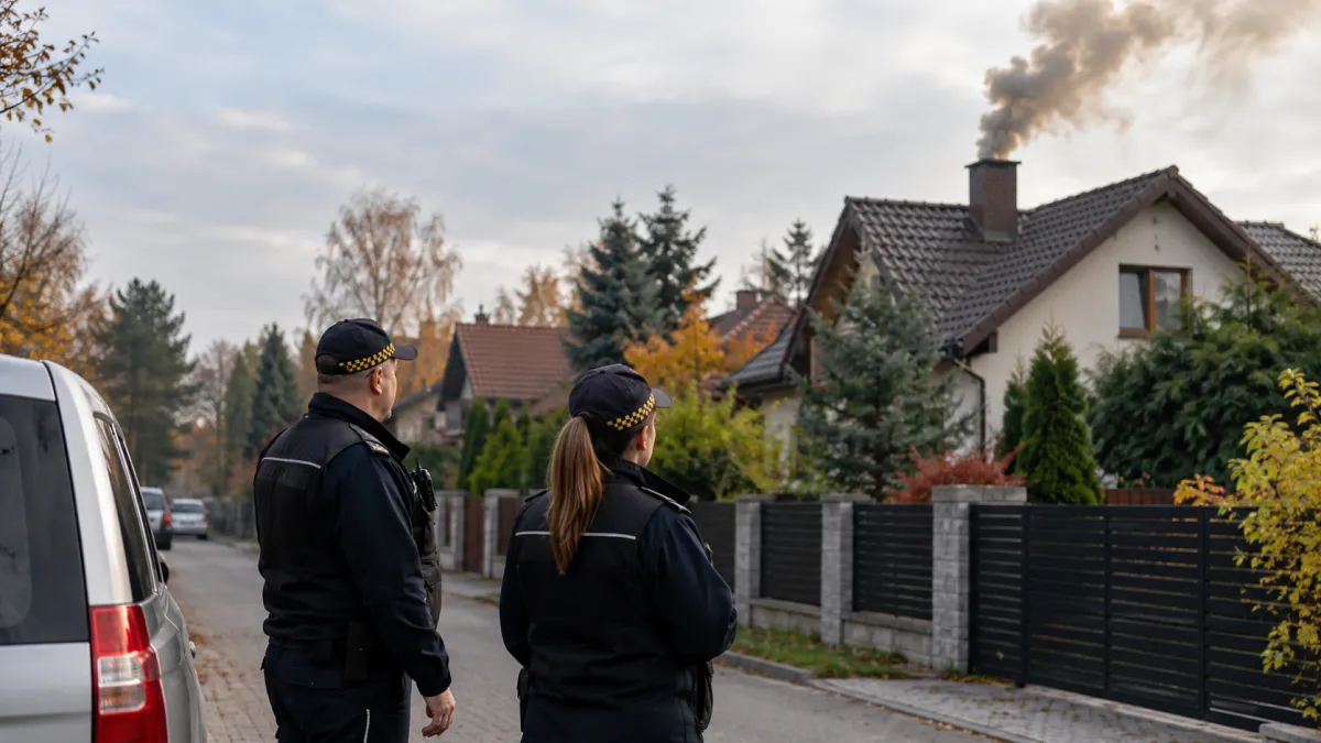 Strażnicy miejscy obserwują dym wydobywający się z komina domu jednorodzinnego podczas kontroli zgłoszenia mieszkańca