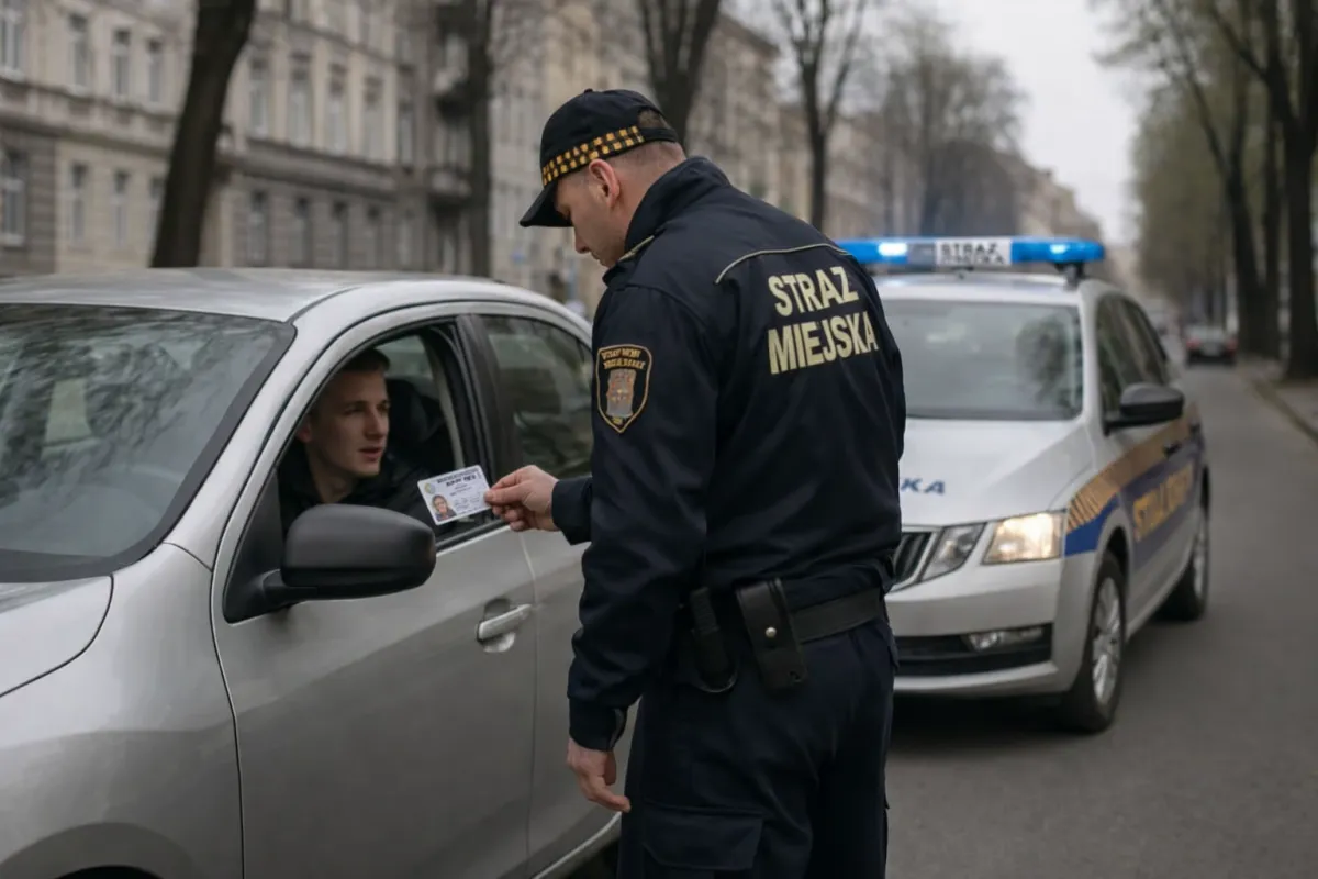 Strażnik miejski kontrolujący kierowcę podczas interwencji drogowej na miejskiej ulicy, radiowóz straży miejskiej w tle.