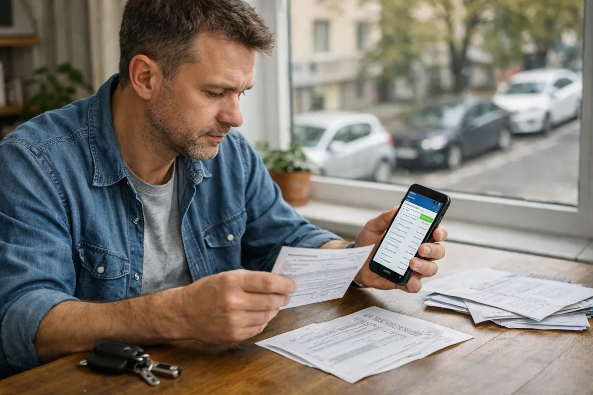 Kierowca siedzi przy stole w mieszkaniu i sprawdza mandat oraz płatność w telefonie, a na blacie leżą dokumenty i kluczyki do samochodu.