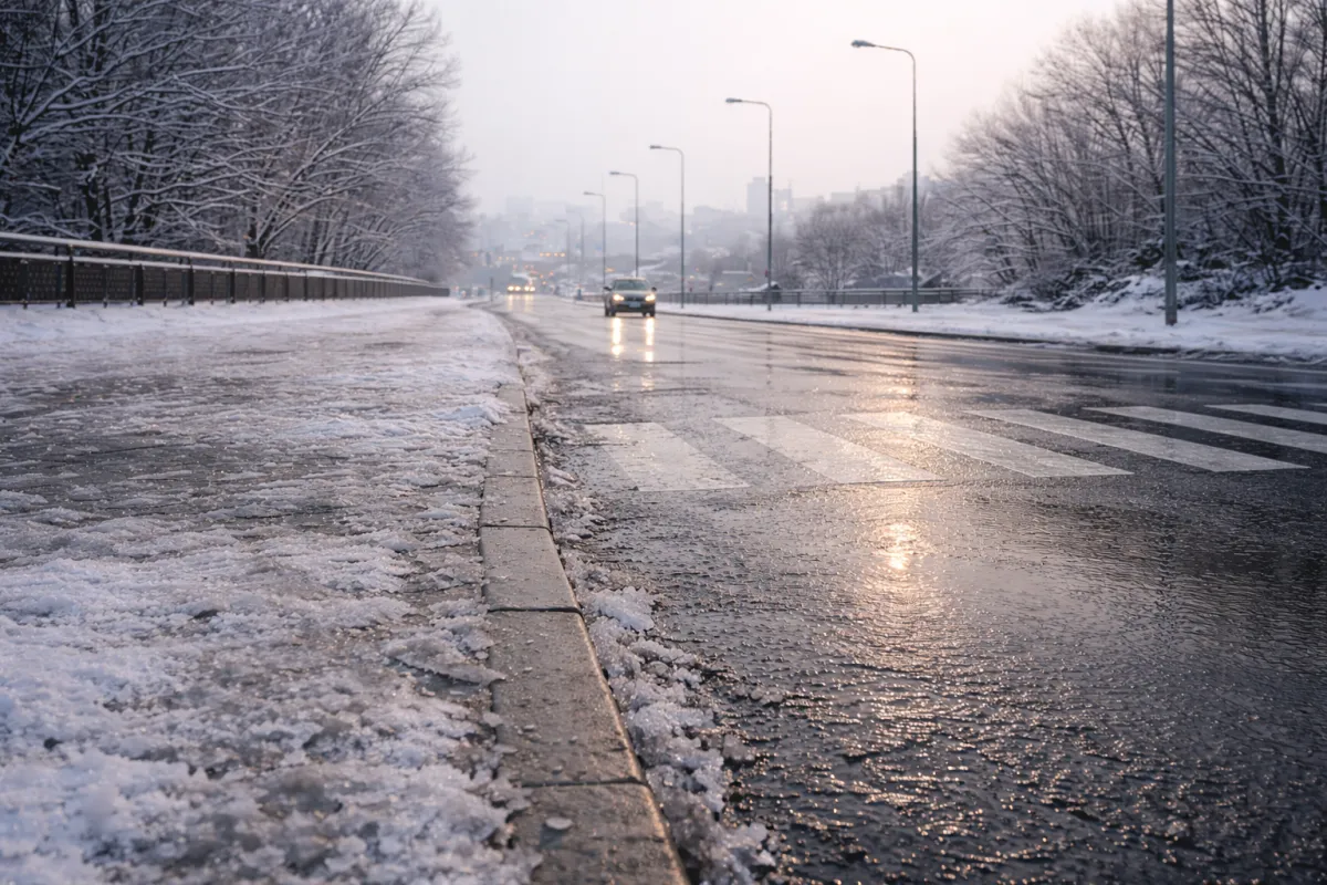 Śliska, oblodzona jezdnia i przejście dla pieszych zimą w mieście
