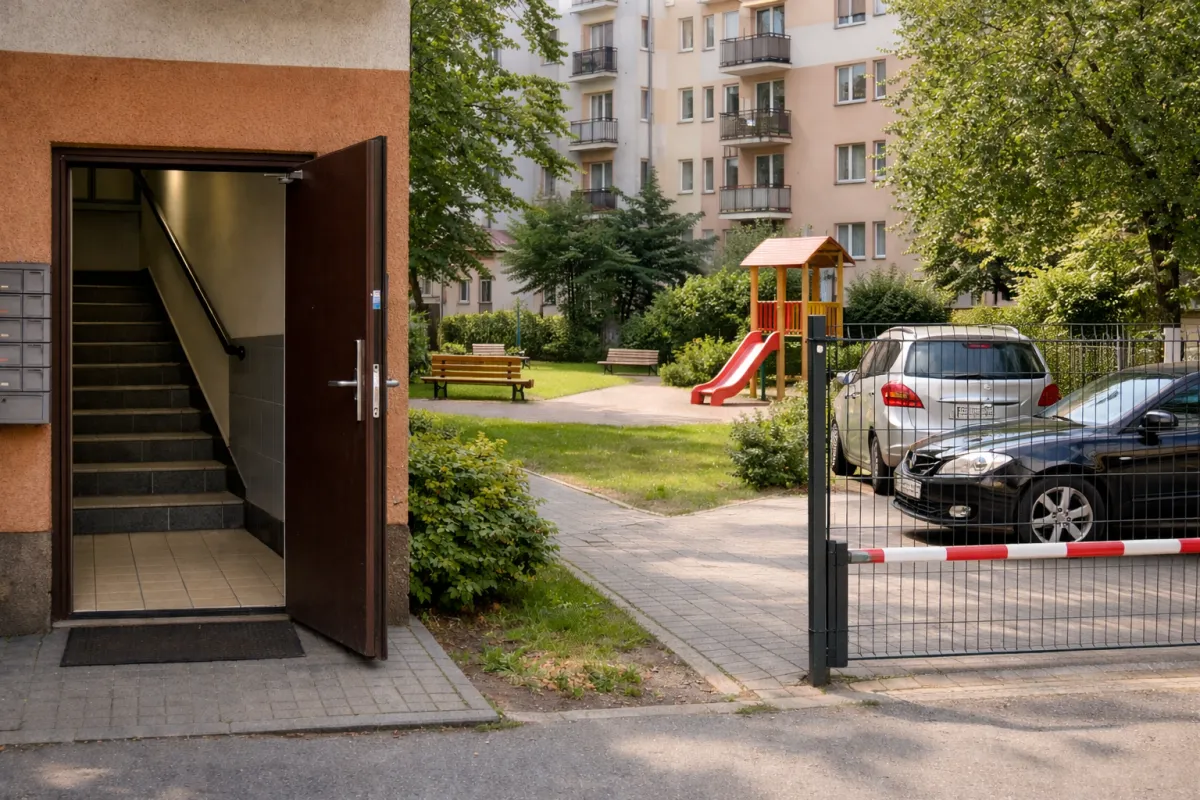 Wejście do klatki schodowej w bloku mieszkalnym, osiedlowe podwórko z ławką i placem zabaw oraz prywatny parking ze szlabanem i zaparkowanymi samochodami w tle.