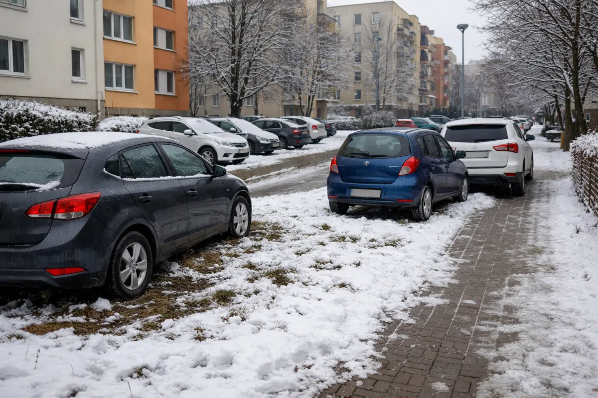 Samochody zaparkowane na trawniku obok chodnika na osiedlu zimą
