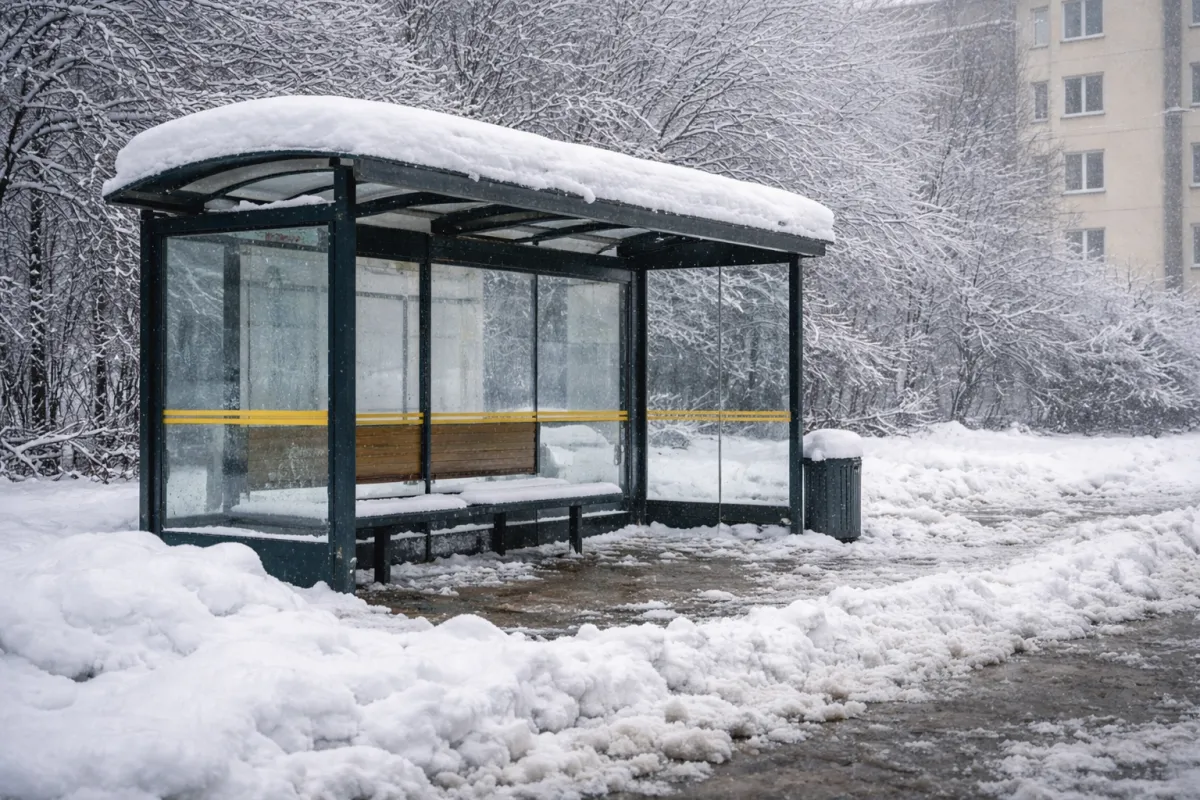 Zasypany śniegiem przystanek autobusowy zimą, oblodzony chodnik i zalegający śnieg wokół wiaty
