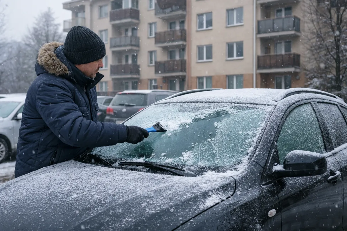 Osoba usuwająca lód i śnieg z przedniej szyby zaparkowanego samochodu zimą