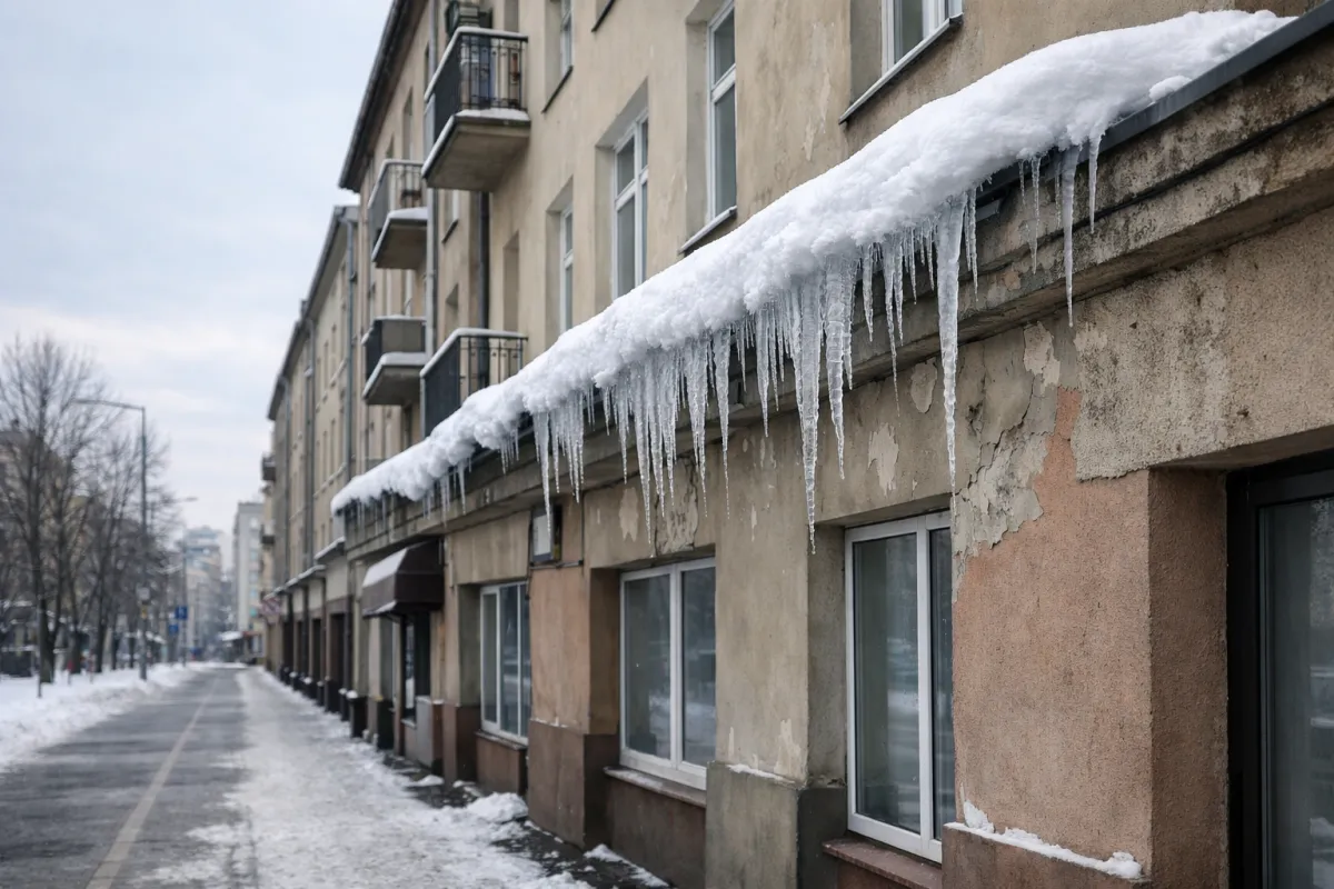 Sople lodu i nawis śniegu na dachu budynku mieszkalnego nad chodnikiem zimą