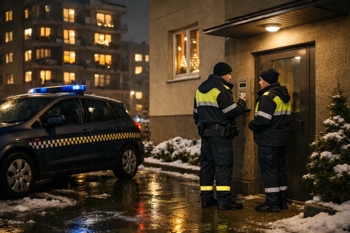 Strażnicy miejscy prowadzą nocną interwencję przy wejściu do budynku mieszkalnego zimą, w tle radiowóz z włączonymi sygnałami świetlnymi