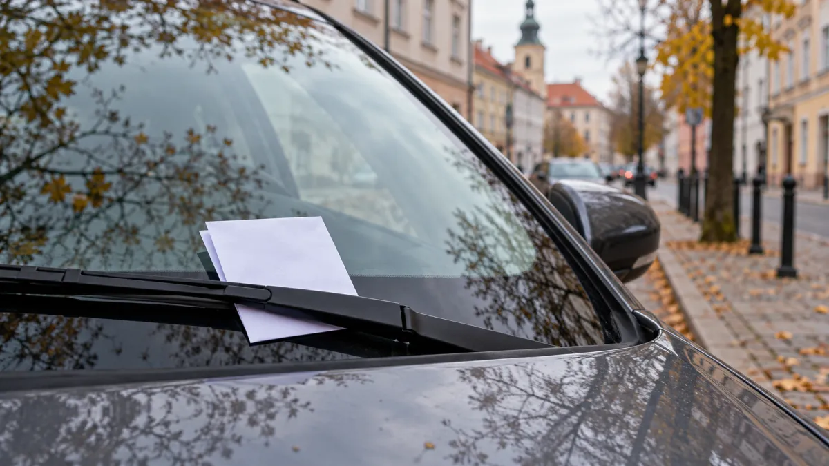 Biała kartka za wycieraczką samochodu zaparkowanego przy miejskiej ulicy.