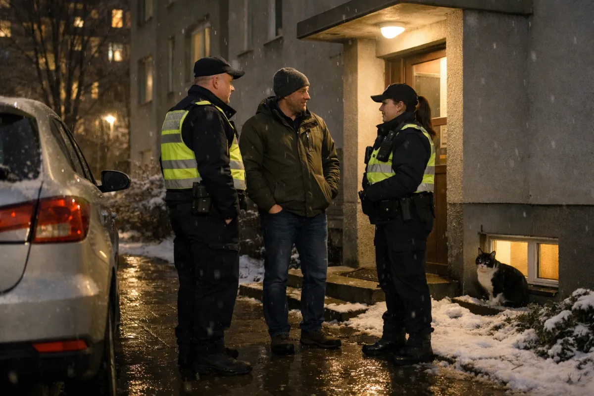 Straż miejska rozmawiająca z mieszkańcem zimą przy wejściu do bloku. W tle kot.