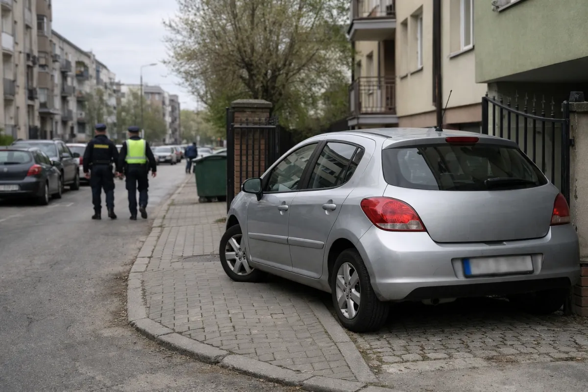 Nieprawidłowo zaparkowane auto blokujące chodnik i bramę na osiedlowej ulicy w polskim mieście.