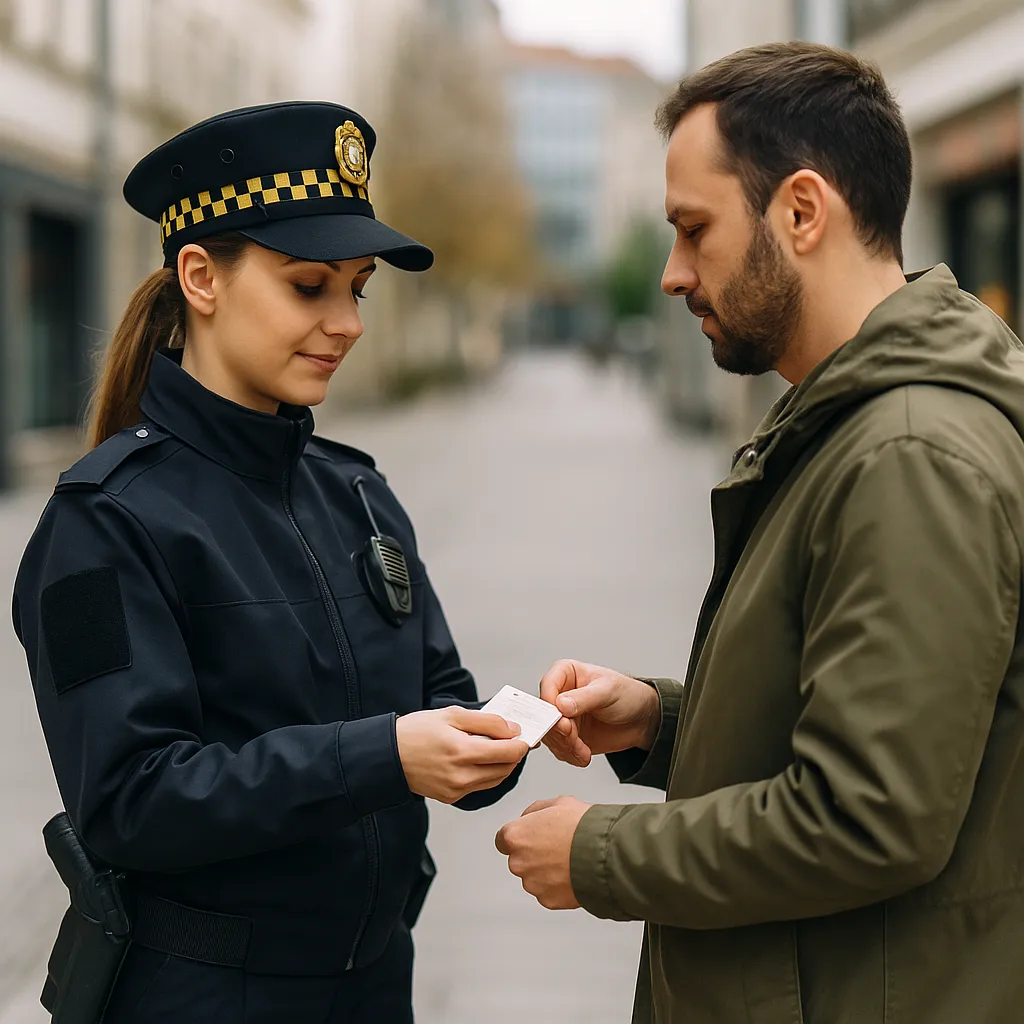 Strażniczka miejska sprawdza dokument tożsamości mieszkańca podczas interwencji na ulicy w ciągu dnia